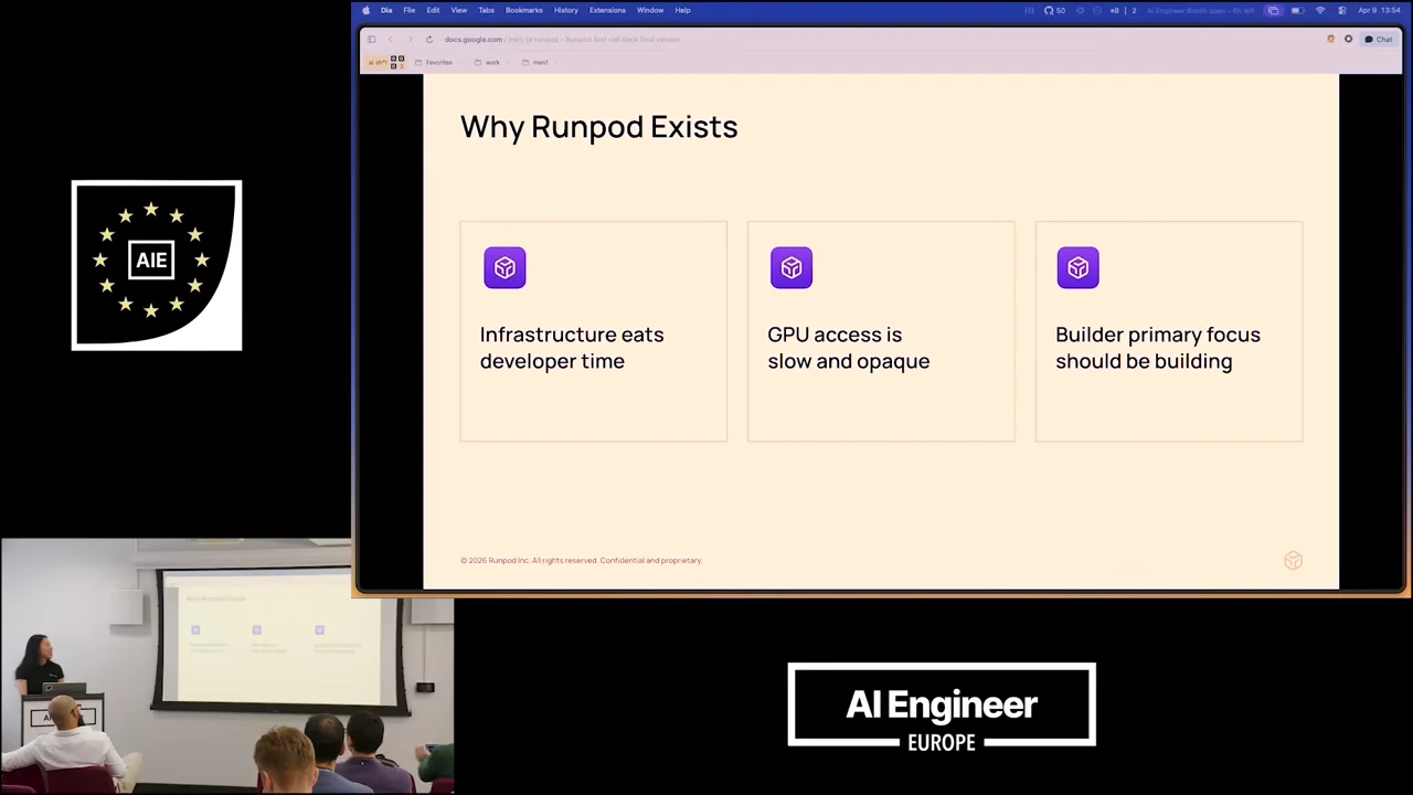 Slide titled “Why Runpod Exists” with three cards: “Infrastructure eats developer time,” “GPU access is slow and opaque,” and “Builder primary focus should be building.”