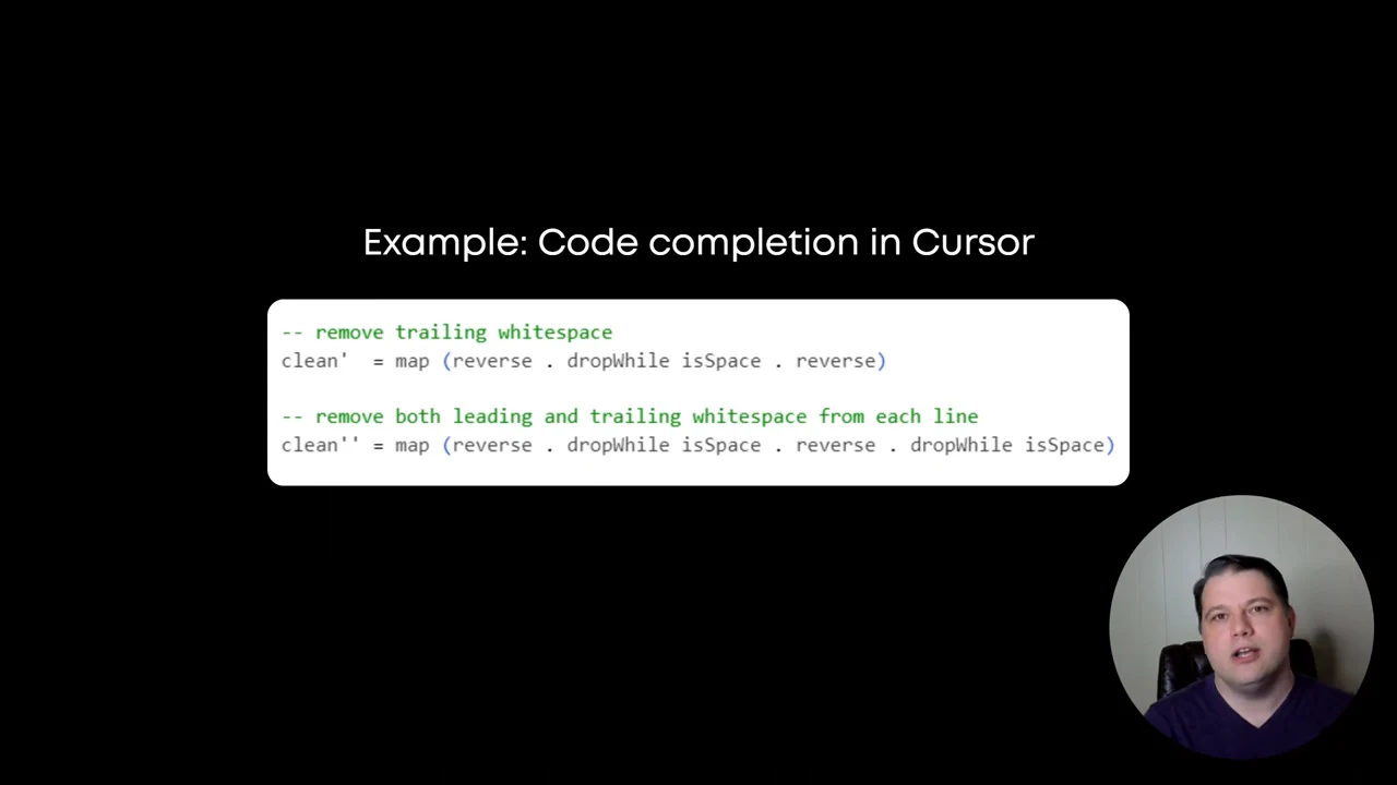 Slide titled “Example: Code completion in Cursor” showing two Haskell functions with green explanatory comments and a presenter inset.