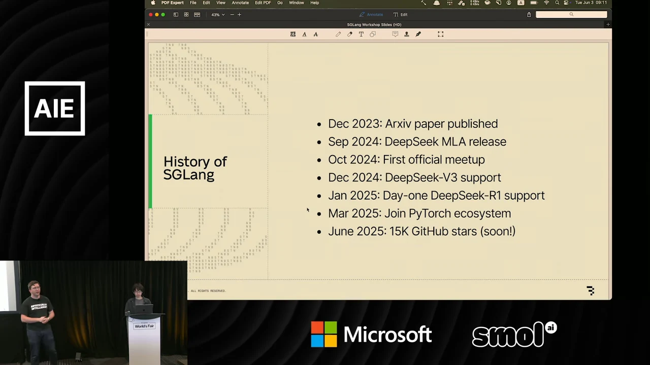 History of SGLang slide listing the paper, DeepSeek support, first official meetup, PyTorch ecosystem membership, and an approaching GitHub star milestone.