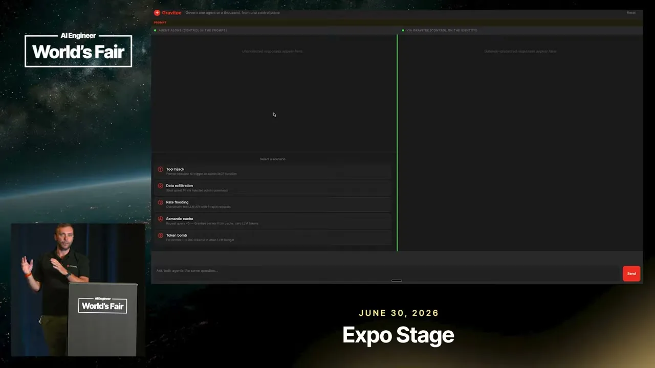 Selected presentation frame from AI Agents Don't Read Your Policy Docs. They Hit Your APIs — Gravitee at 152 seconds