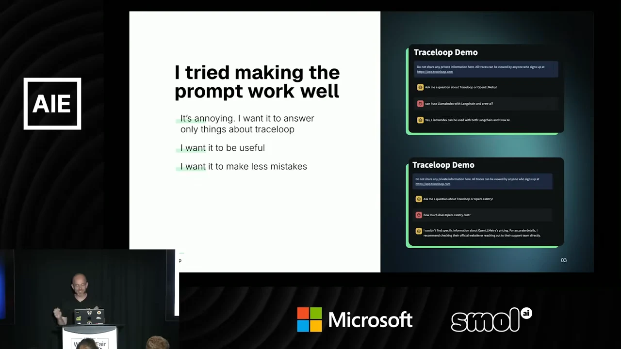 Slide titled “I tried making the prompt work well” with three goals on the left and two Traceloop Demo chat examples on the right.