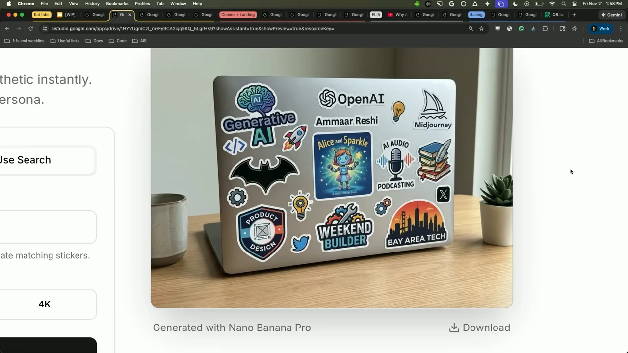 Generated image of a laptop covered with illustrated stickers, including OpenAI, Ammaar Reshi, Alice and Sparkle, and Weekend Builder, above a Download control.