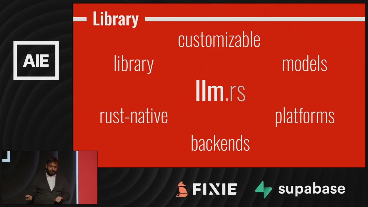 Library slide with llm.rs surrounded by customizable, library, models, rust-native, platforms, and backends.