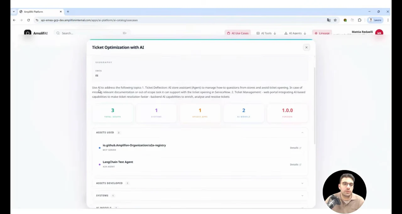 Open Ticket Optimization with AI record displaying geography, descriptive text, summary counters, and an Assets Used list containing an MCP server and LangChain Test Agent.
