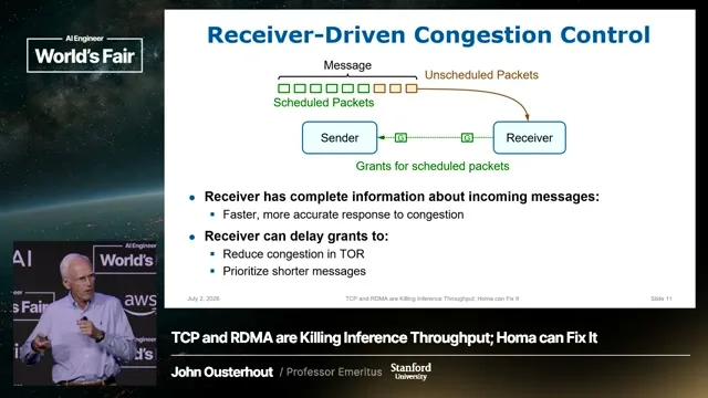 Selected presentation frame from Homa: The End of TCP for AI Clusters — John Ousterhout, Stanford at 847 seconds