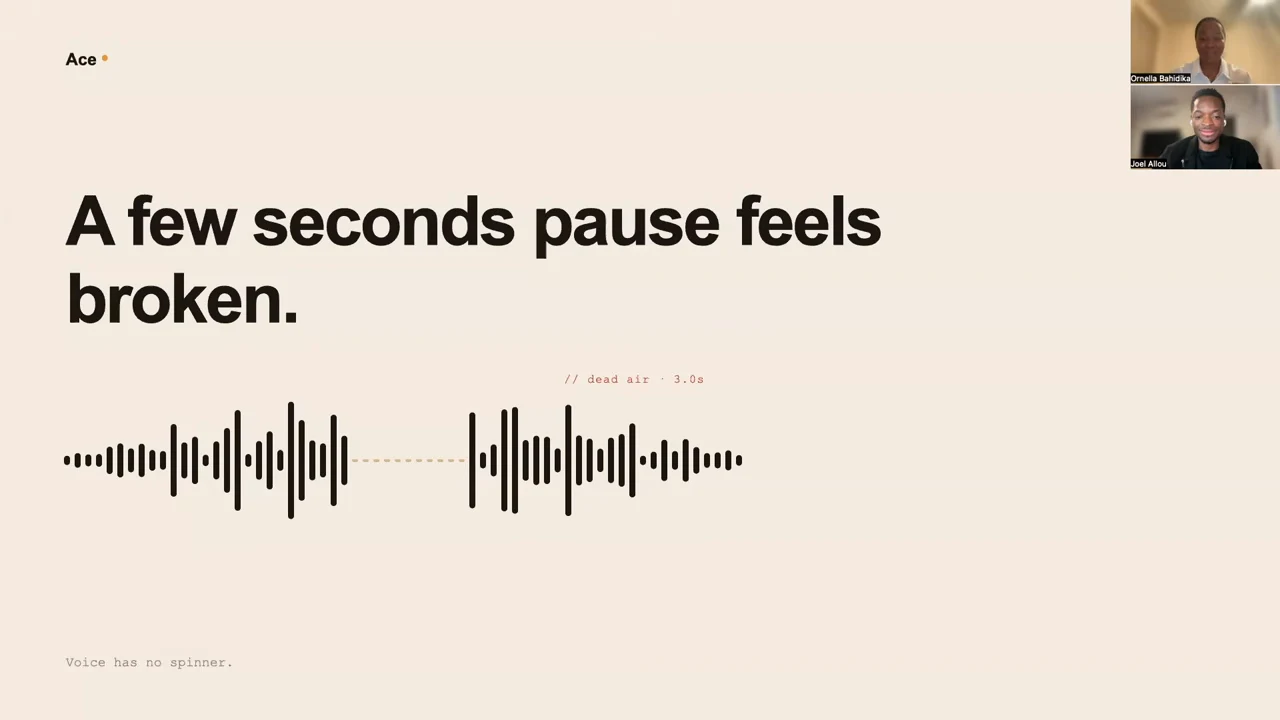 Slide reading “A few seconds pause feels broken,” with two waveform sections separated by a gap labeled “dead air · 3.0s.”