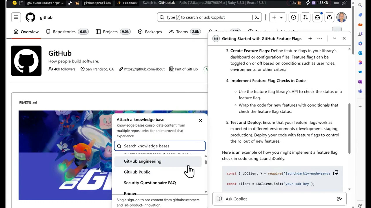 GitHub Copilot beside an open “Attach a knowledge base” menu listing GitHub Engineering, GitHub Public, Security Questionnaire FAQ, and Primer.