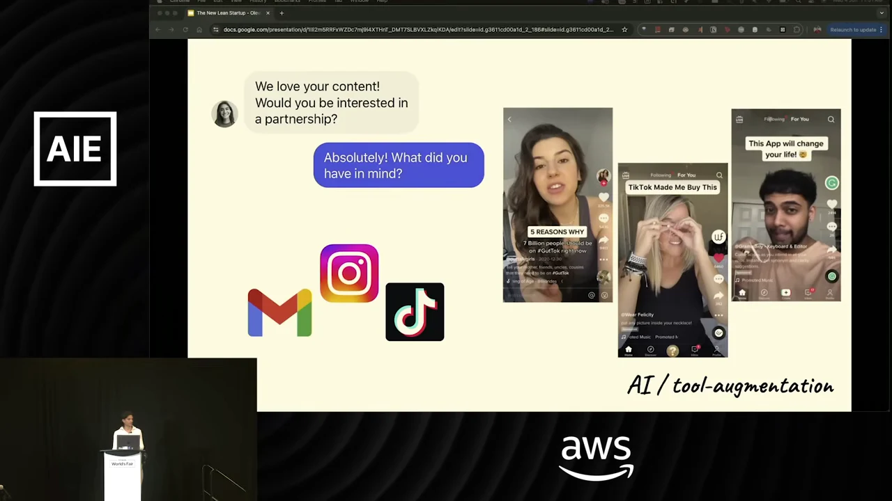 A partnership message exchange above Gmail, Instagram, and TikTok logos, beside three vertical social video screenshots.