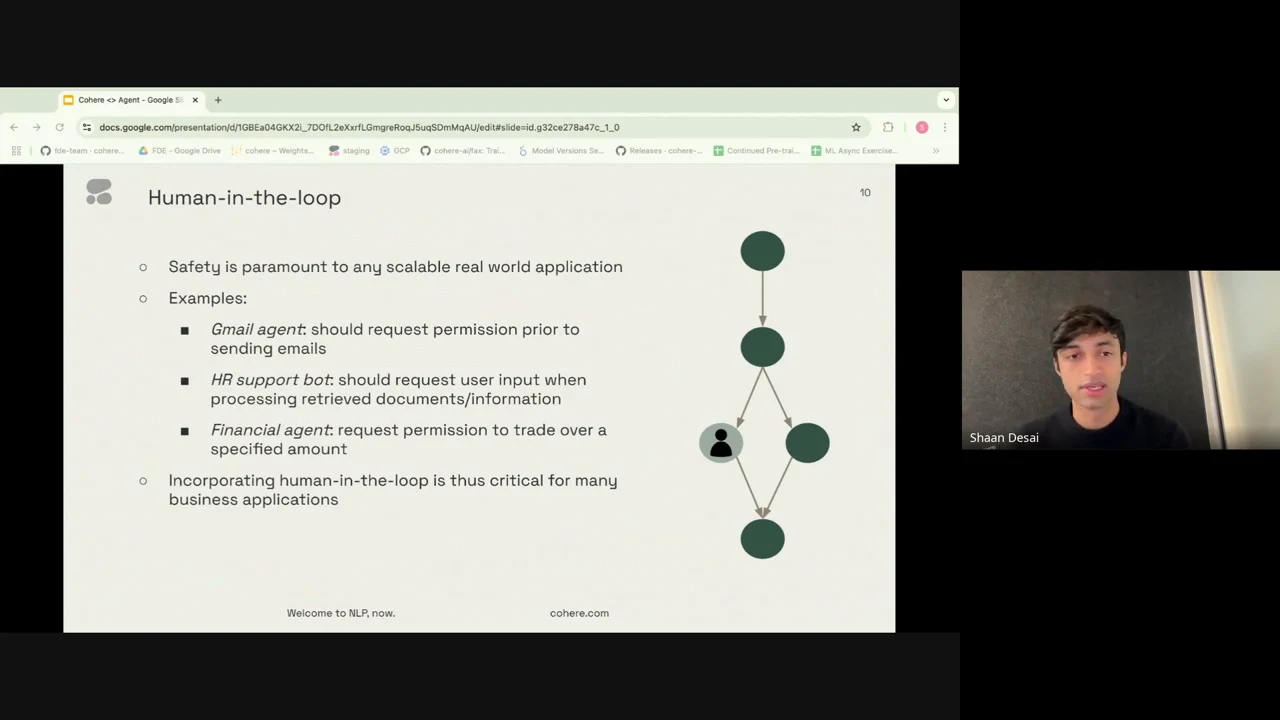 Human-in-the-loop slide with permission and user-input examples beside a branching workflow diagram containing a person icon.