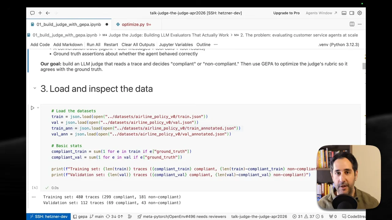 Notebook section “Load and inspect the data” showing dataset-loading code and output reporting 480 training traces and 112 validation traces, with compliant and non-compliant counts.