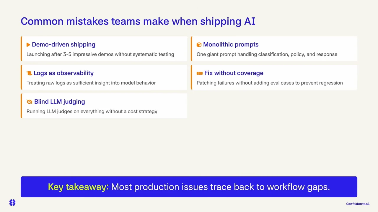 Five cards list demo-driven shipping, logs as observability, blind LLM judging, monolithic prompts and fixes without coverage.