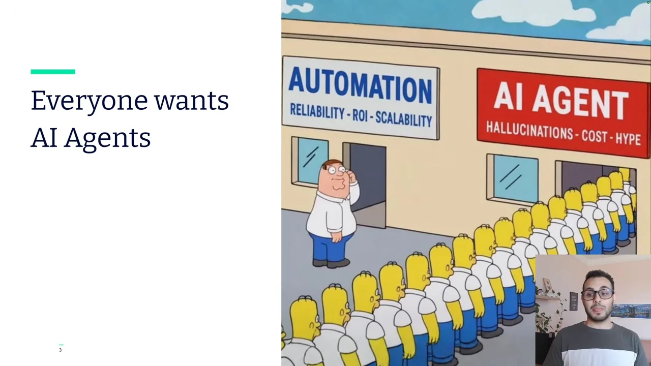 Cartoon crowd queues at an AI Agent entrance labeled Hallucinations, Cost, Hype, beside an empty Automation entrance labeled Reliability, ROI, Scalability.