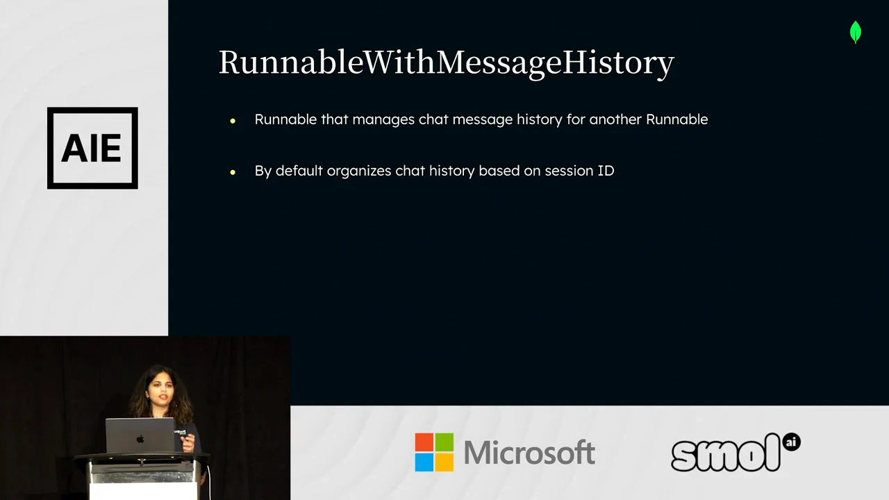 RunnableWithMessageHistory slide with two bullets describing management of another Runnable's chat history and organization by session ID.