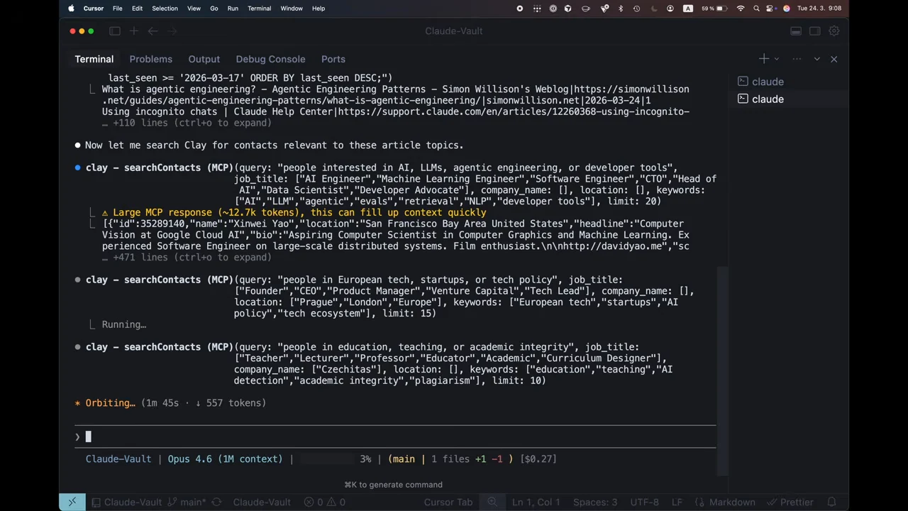Claude Code terminal showing article query output, Clay contact searches for AI, European tech, and education, and a returned contact response with a large-response warning.