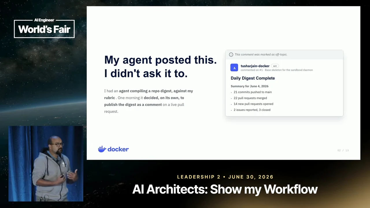 Slide titled “My agent posted this. I didn't ask it to.” beside a comment headed “Daily Digest Complete.”