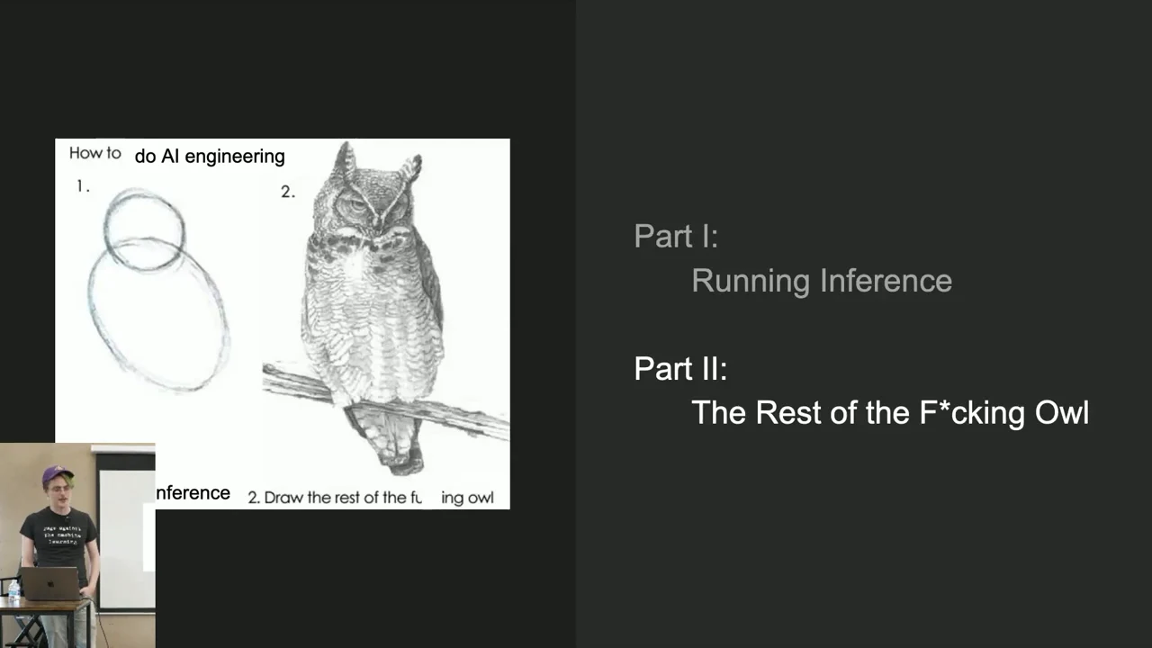 Two simple oval outlines beside a detailed owl, paired with Part I: Running Inference and Part II: The Rest of the F*cking Owl.