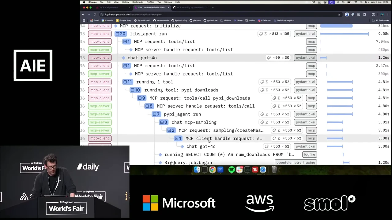 Expanded trace with MCP client and server labels, nested agent runs, a sampling request, a model call and a SQL query row.