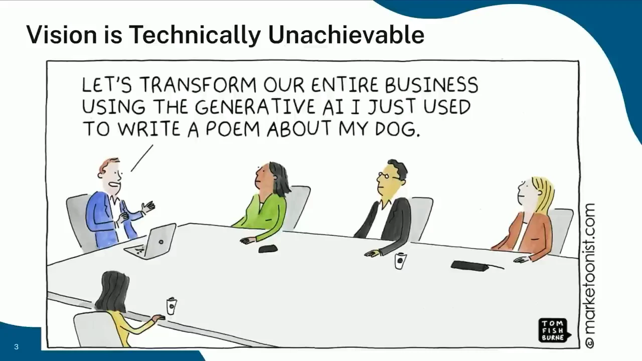 Slide titled “Vision is Technically Unachievable,” with a boardroom cartoon showing an executive proposing business transformation using generative AI.