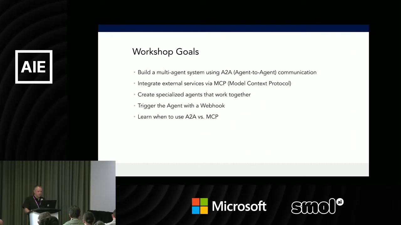 Workshop Goals slide listing five objectives for building and connecting agents using A2A and MCP.