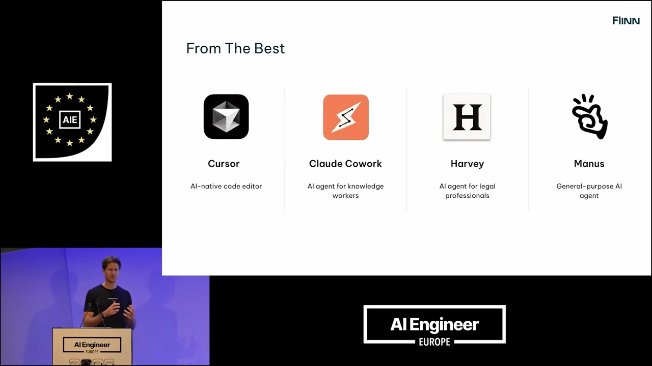 Slide titled “From The Best” shows Cursor, Claude Cowork, Harvey, and Manus with their logos and brief descriptions.