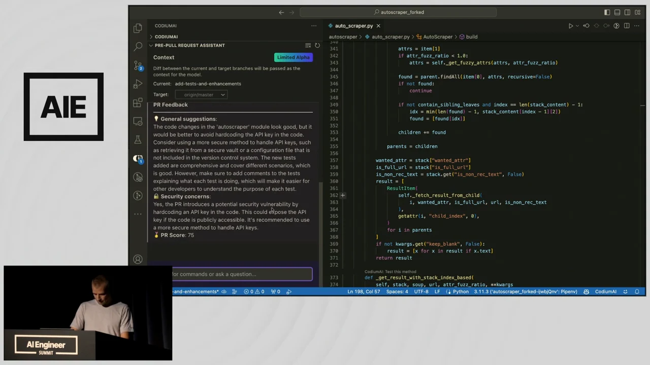 VS Code with a pull request assistant showing review feedback about a hardcoded API key beside Python source code.