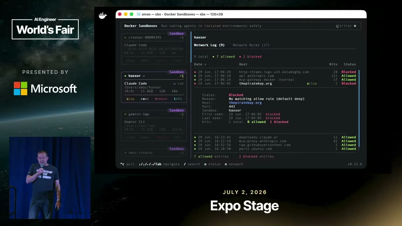 Selected presentation frame from YOLO Mode, Safely: MicroVM Sandboxes for Any Agent — Rowan Christmas, Docker at 392 seconds
