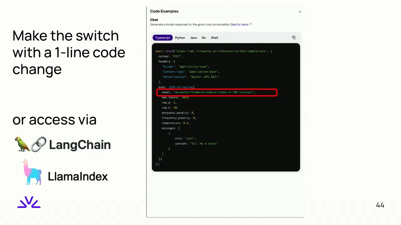Slide reads Make the switch with a 1-line code change, with a red outline around a model setting in a code example and LangChain and LlamaIndex logos below.
