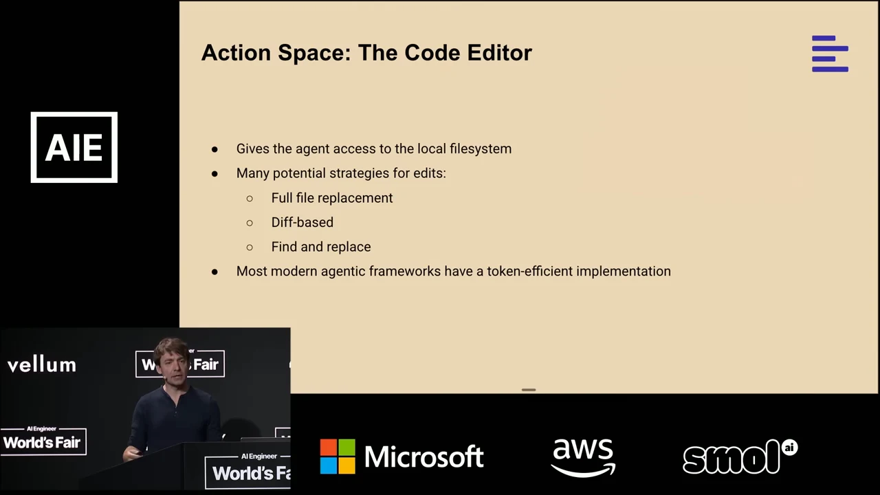 “Action Space: The Code Editor” slide lists local filesystem access, three editing strategies, and token-efficient implementations.