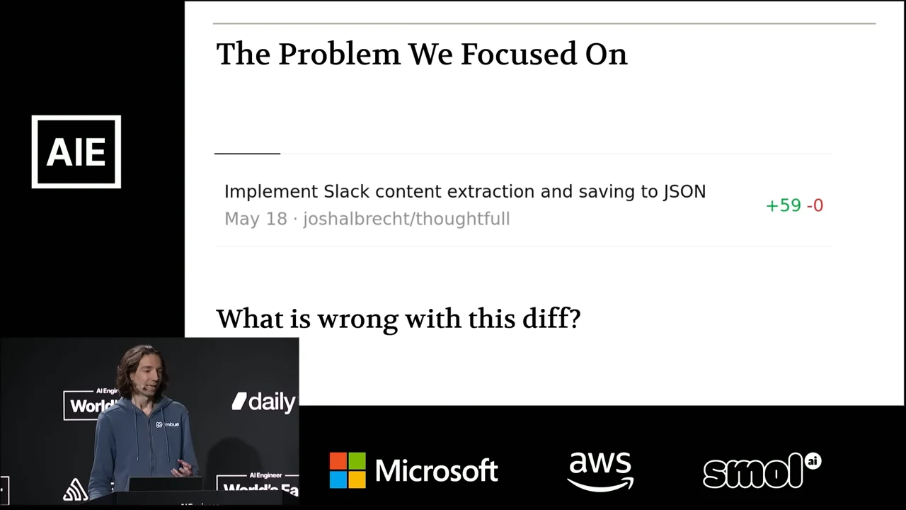 Slide titled “The Problem We Focused On” shows “Implement Slack content extraction and saving to JSON,” +59 and -0, and the question “What is wrong with this diff?”