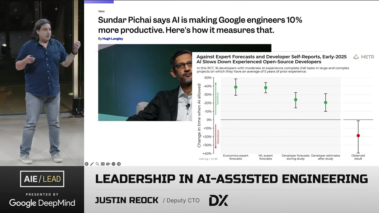 Slide pairing a headline about Google engineers being 10% more productive with a METR chart showing positive forecasts and a negative observed result.