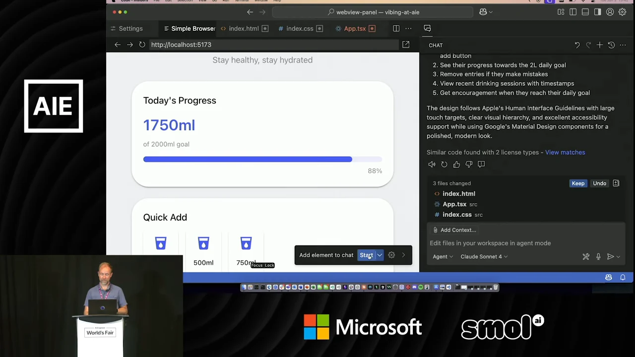 VS Code browser preview shows Today's Progress at 1750ml of a 2000ml goal, an 88% progress bar, and Quick Add buttons beside Copilot's response.