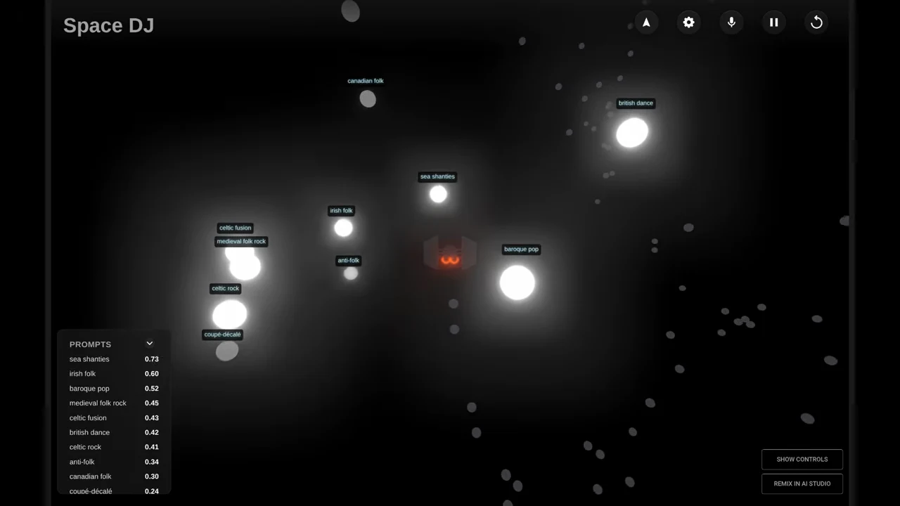Space DJ interface with labeled glowing points including sea shanties and British dance, a weighted prompts list, and playback controls.
