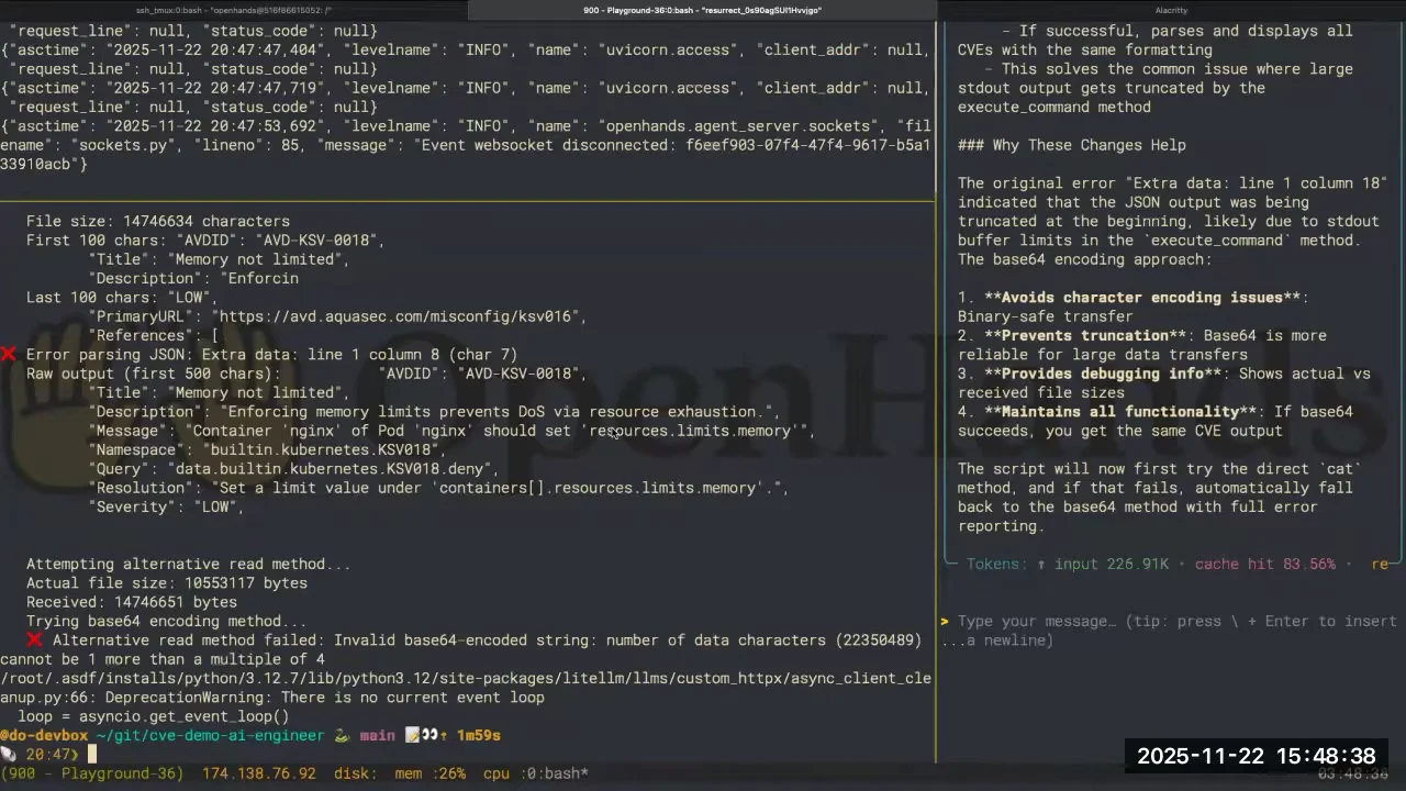Split terminal view showing a memory-limit finding, a JSON parsing error, an invalid base64 error, and an explanation of an attempted output-transfer fix.