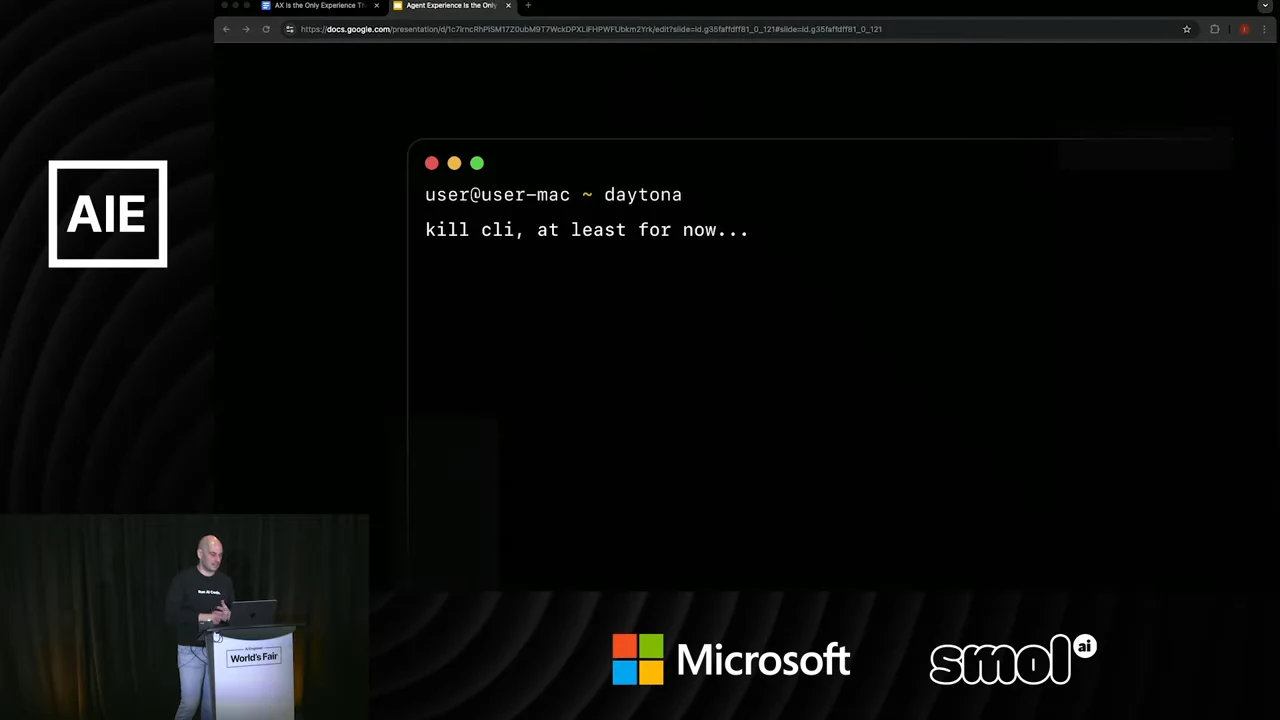 Dark terminal illustration with a Daytona prompt and the text “kill cli, at least for now...” beneath it.