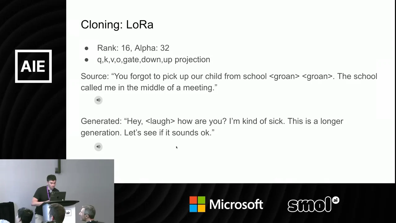 Cloning: LoRa slide showing rank 16, alpha 32, projection names, and source and generated text with groan and laugh markers and audio icons.