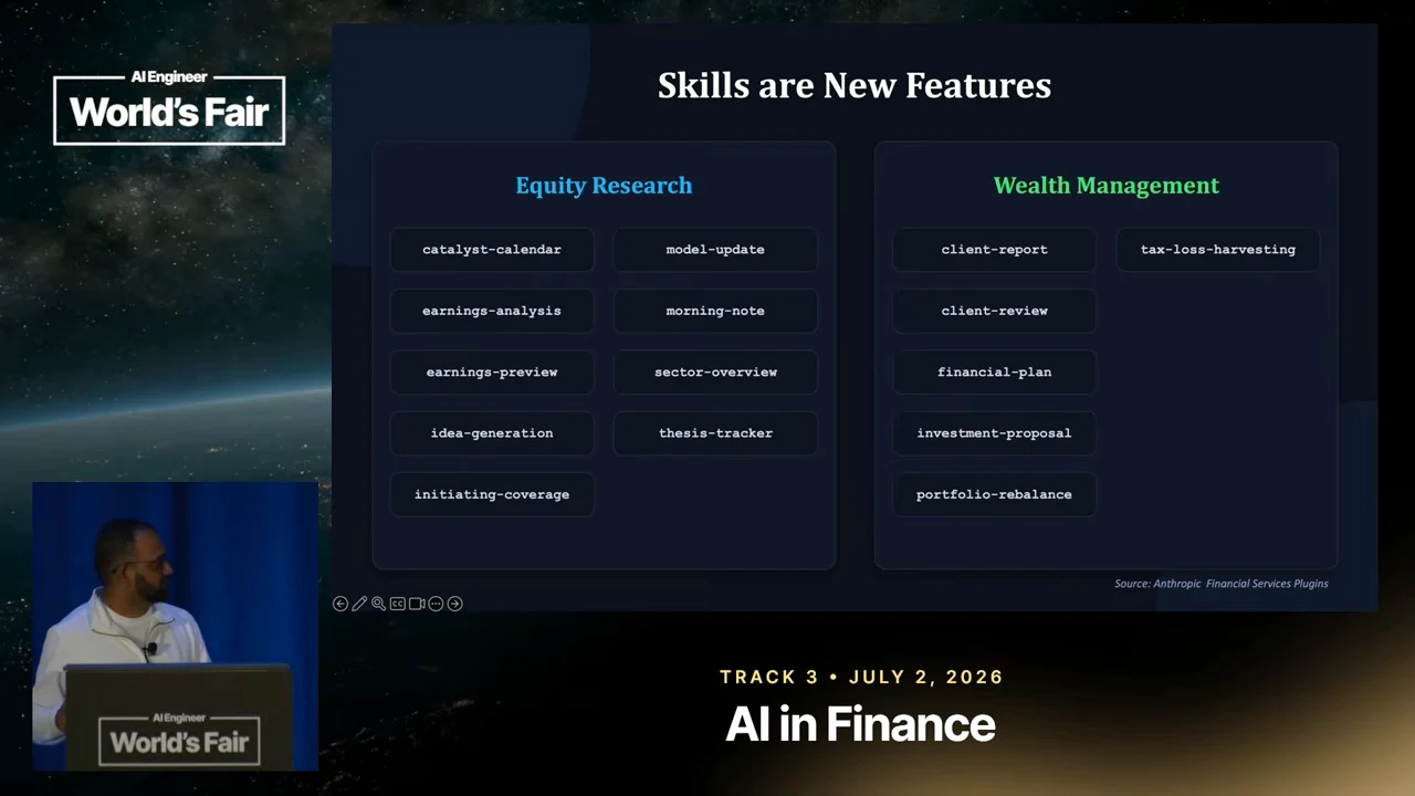 “Skills are New Features” slide with two panels listing equity research and wealth management skills, including earnings-analysis, model-update, client-report, and portfolio-rebalance.
