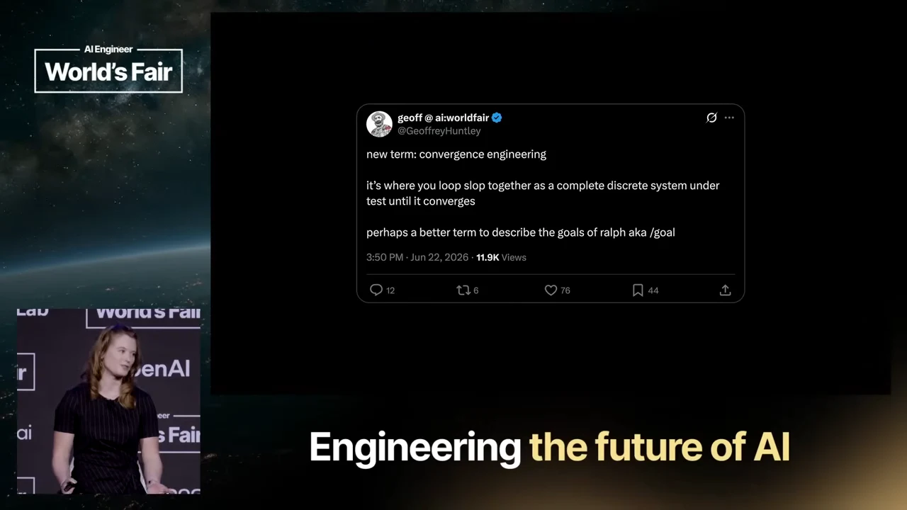 A dark social post describes looping a discrete system under test until it converges, alongside a small live speaker inset.