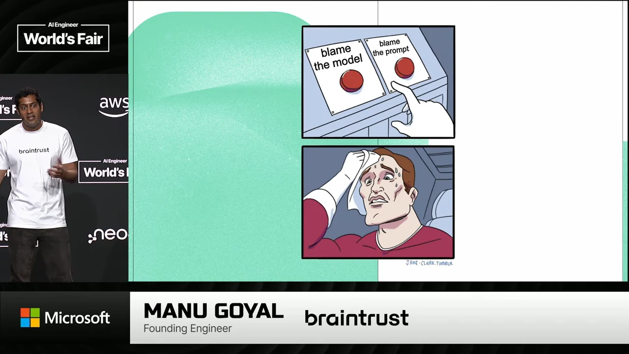 A two-panel cartoon shows buttons labeled “blame the model” and “blame the prompt,” followed by a sweating man struggling to choose.