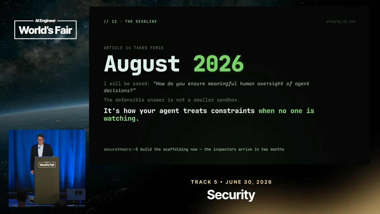 Slide headed “August 2026” asks about meaningful human oversight of agent decisions and emphasizes how agents treat constraints when no one is watching.