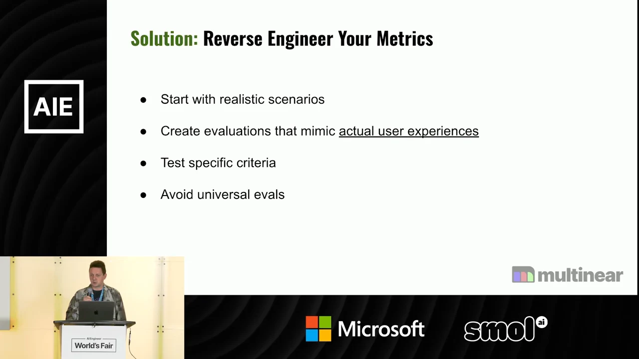 Slide lists four recommendations: start with realistic scenarios, mimic actual user experiences, test specific criteria and avoid universal evals.