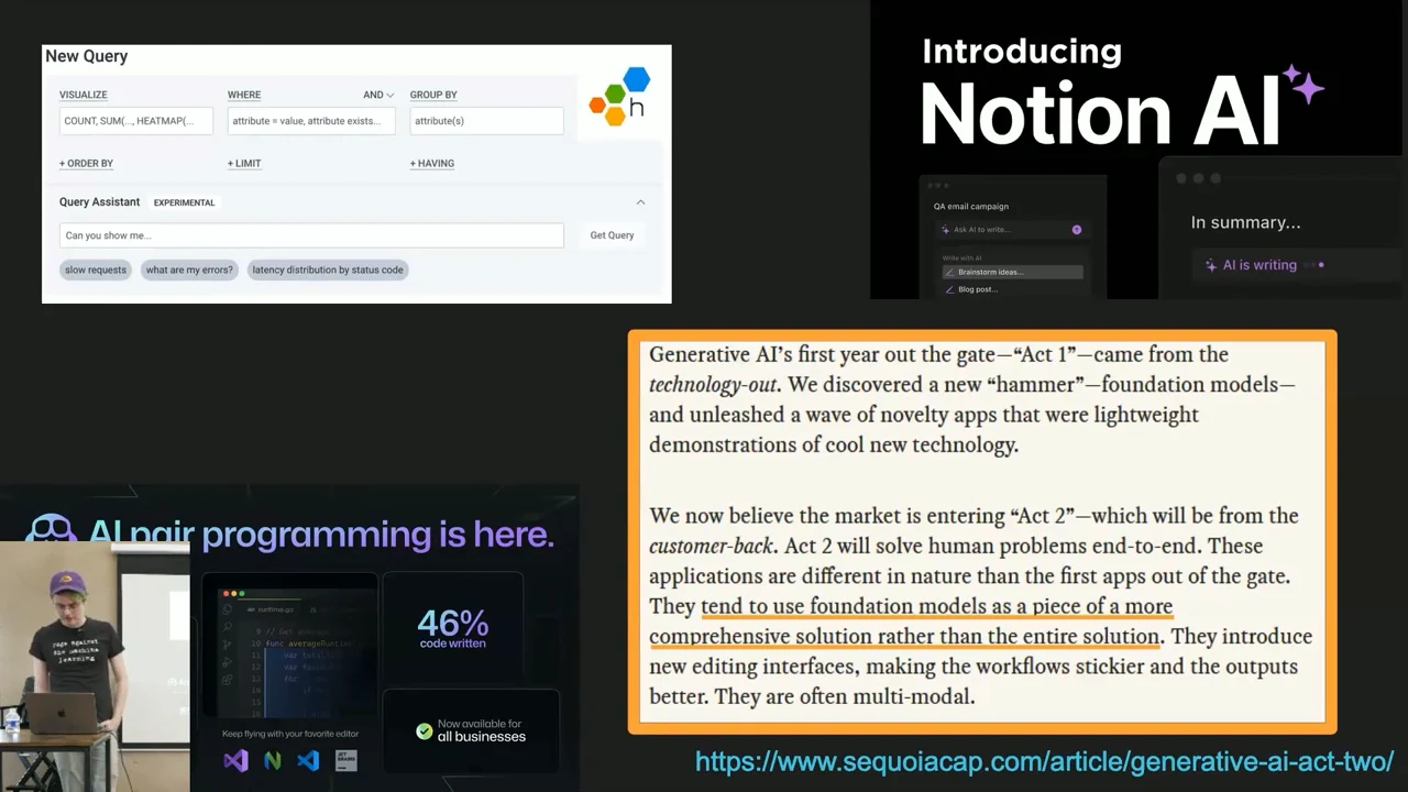 Slide combining Honeycomb’s Query Assistant, Notion AI, an AI pair programming panel, and a highlighted Sequoia excerpt.