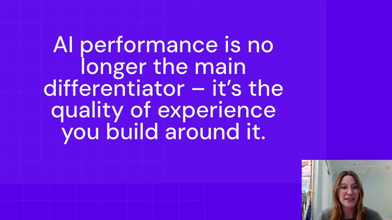 Purple slide displaying a large white statement that quality of experience is the main AI differentiator, with the presenter inset at bottom right.