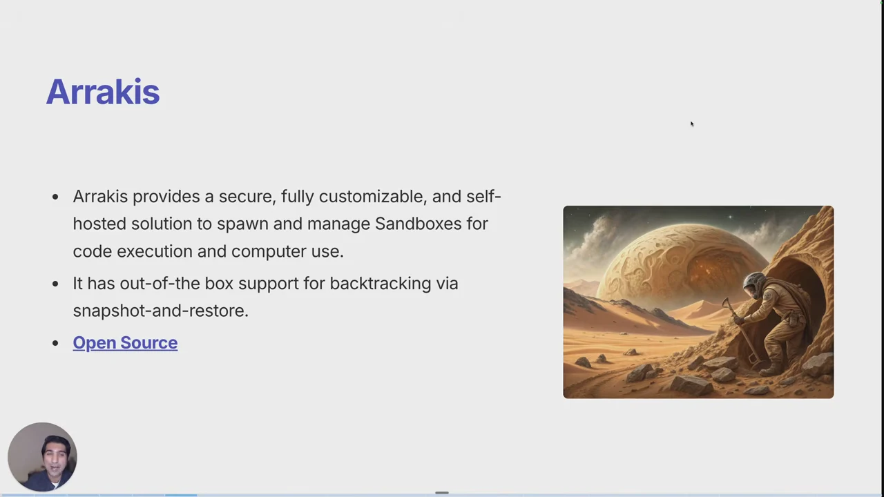 Arrakis slide with bullets describing customizable self-hosted sandboxes, backtracking through snapshot and restore, and open source availability, beside a desert illustration.