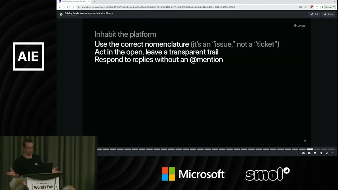 Slide titled “Inhabit the platform” lists using “issue” rather than “ticket,” acting in the open, and responding to replies without an @mention.