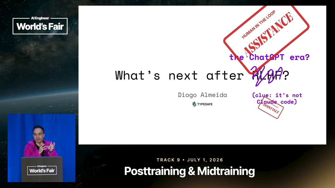 “What’s next after RLHF?” with RLHF crossed out, “the ChatGPT era?” added in purple, a large red Assistance stamp above, and a smaller Assistance stamp beside the Claude Code clue.
