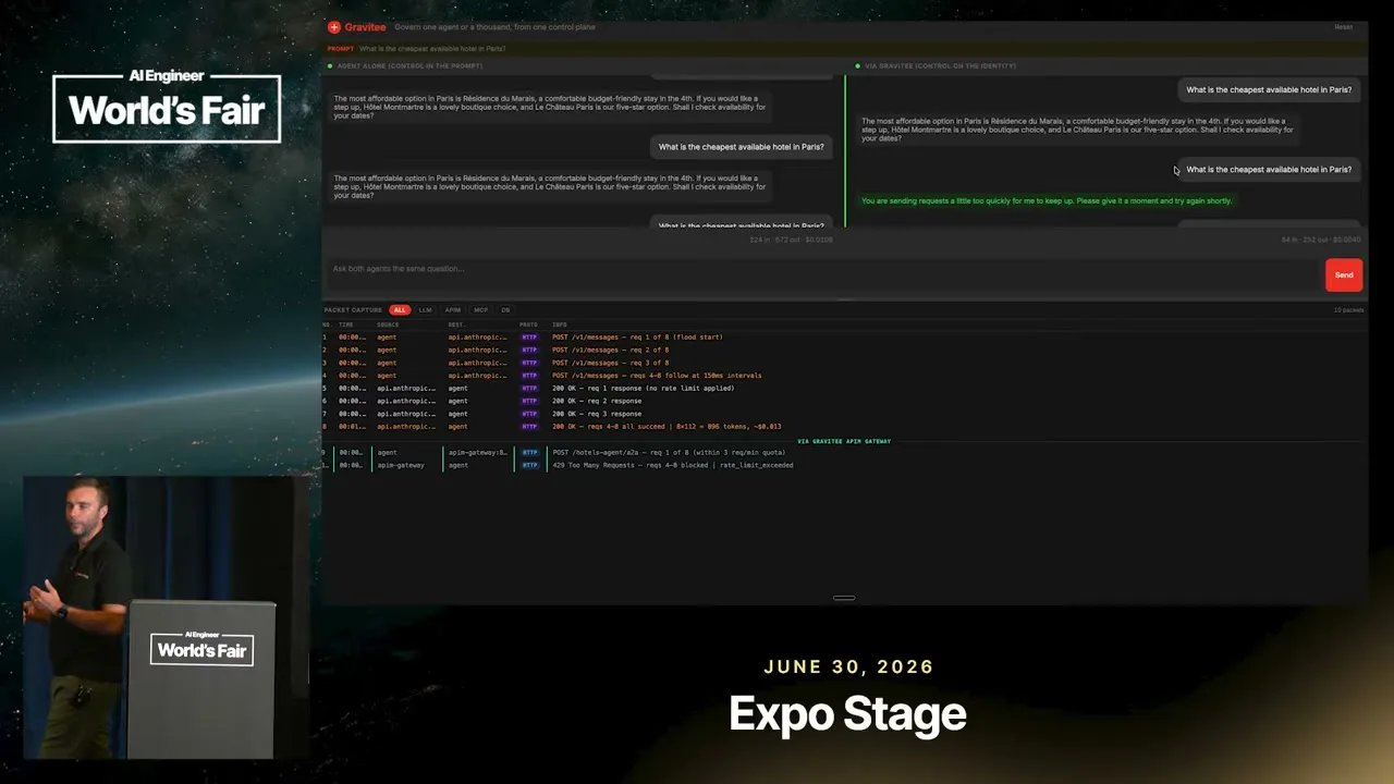 Selected presentation frame from AI Agents Don't Read Your Policy Docs. They Hit Your APIs — Gravitee at 488 seconds