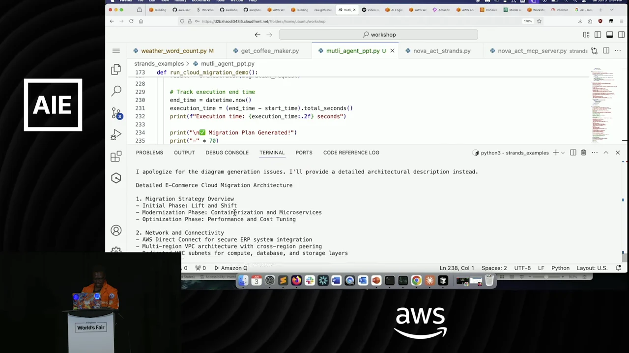 Terminal output apologizing for diagram-generation issues, followed by a detailed e-commerce cloud migration architecture with strategy and network sections.