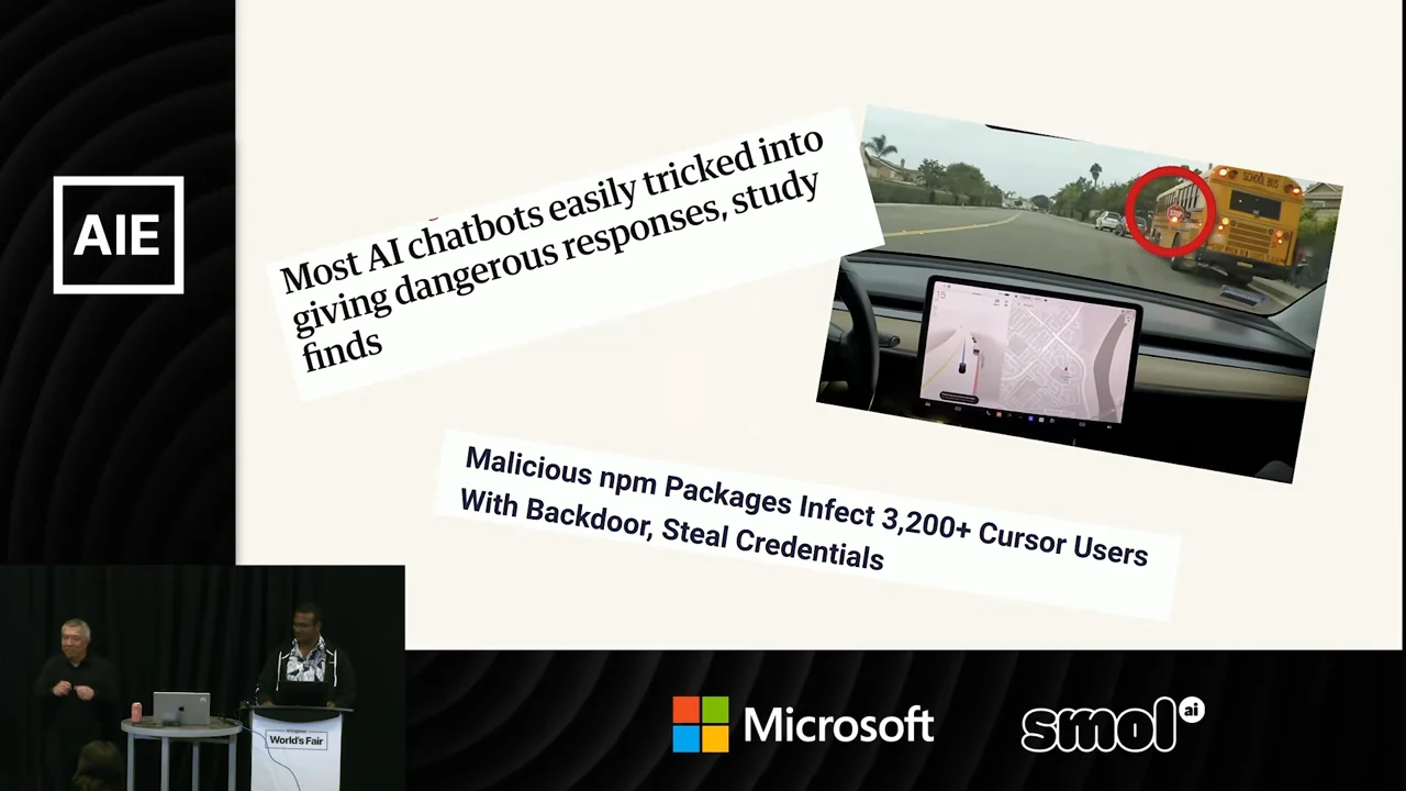 Slide combining headlines about dangerous chatbot responses and malicious npm packages with a driving image showing a school bus and a circled stop sign.