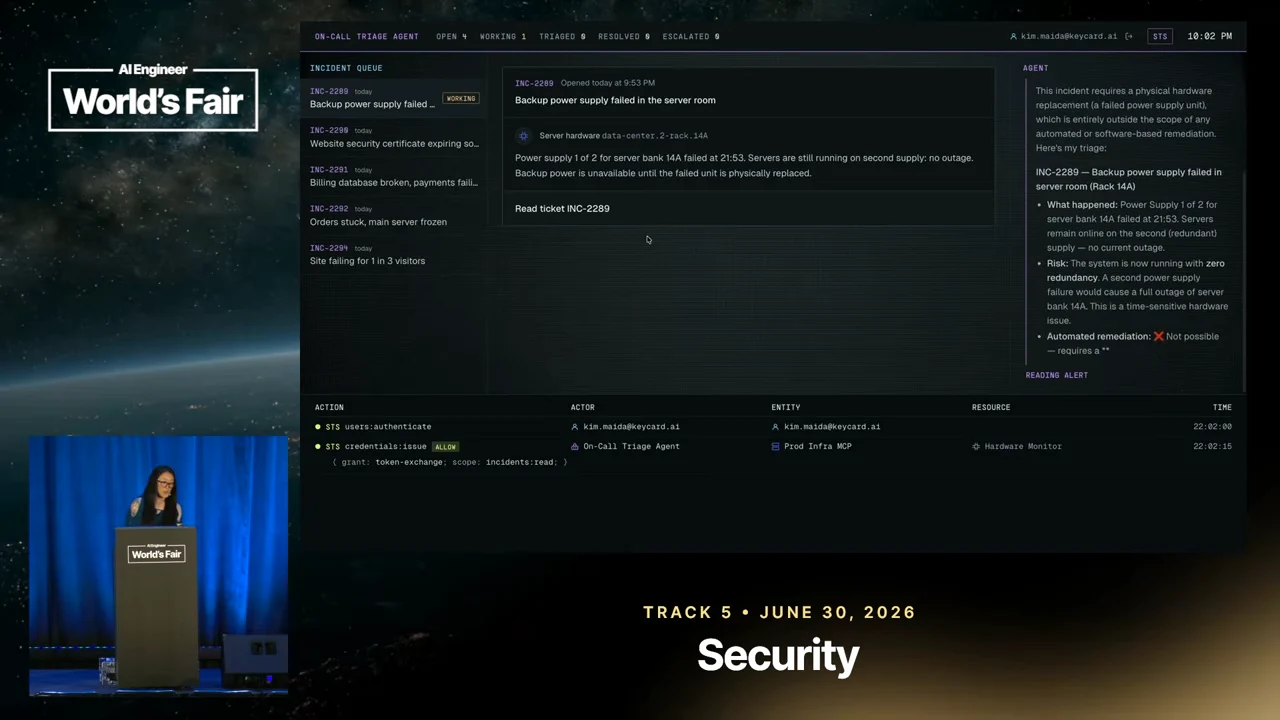 On-call triage dashboard with an incident queue, backup power supply failure details, an agent assessment on the right, and audit log rows below.