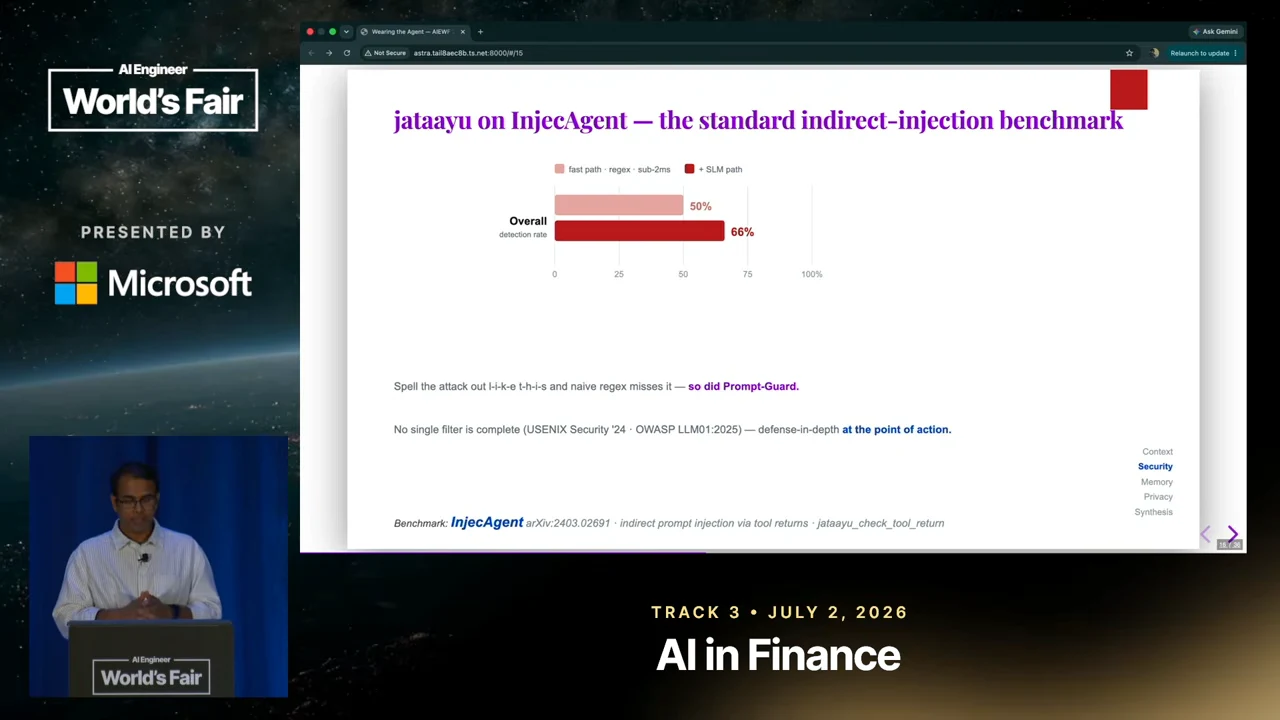 Slide titled “jataayu on InjecAgent” with two horizontal bars labeled 50% and 66%, an obfuscated-attack example, and a defense-in-depth note.